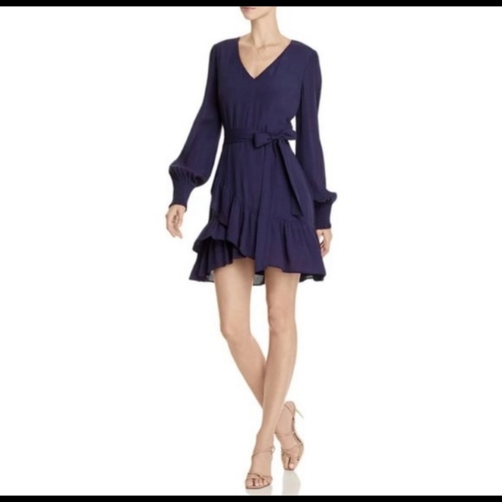 NWT AQUA Long Balloon Sleeve Tie Waist Ruffled Mini Dress Navy Blue Medium